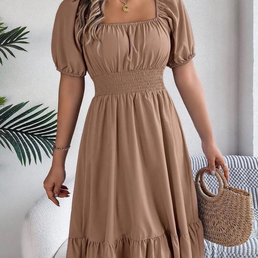 Smocked Waist Puff Sleeve Midi Dress in Tan